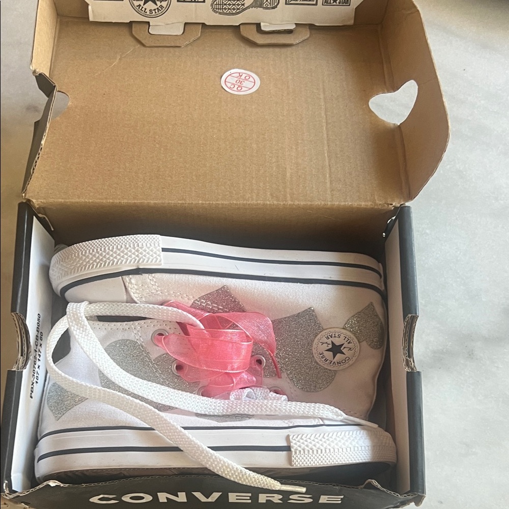 Converse Kids White High-Top Sneakers with Pink Ribbon Laces